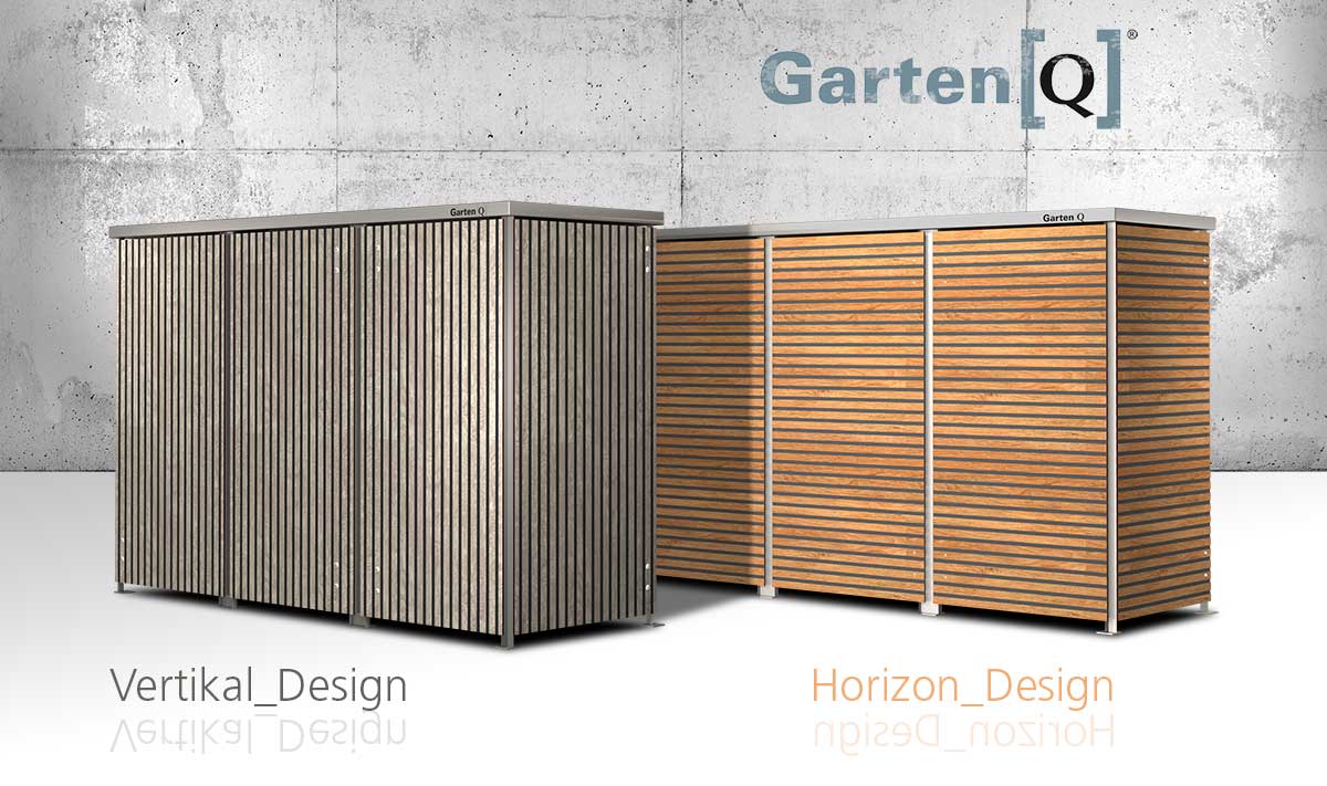 Zwei Gartenboxen: Vertikal_Design links, Horizon_Design rechts, beide mit Holzlattenoptik, Marke "Garten[Q]".