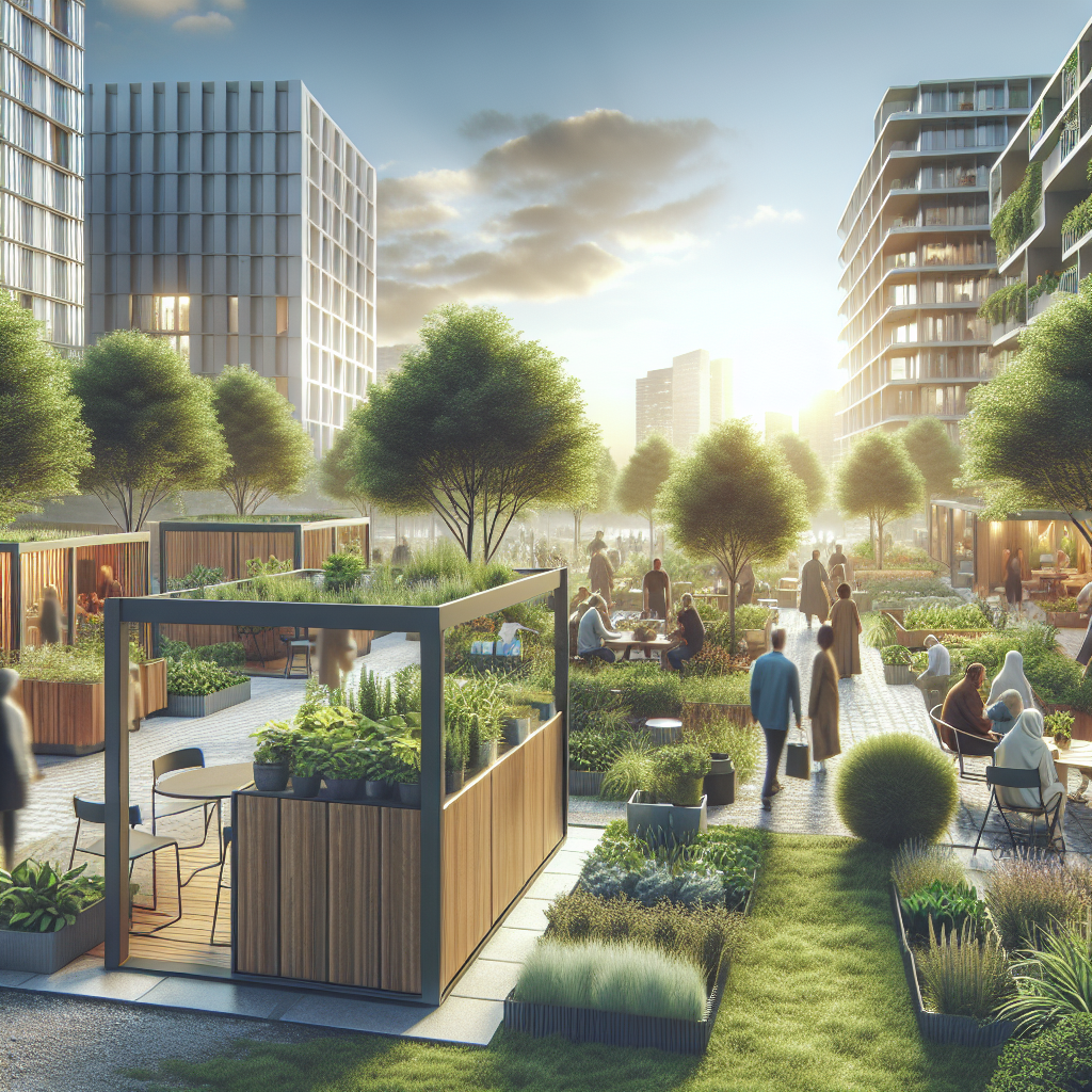 Städtischer Gemeinschaftsgarten mit Menschen, Hochhäusern und üppigen Pflanzen im Sonnenuntergang.