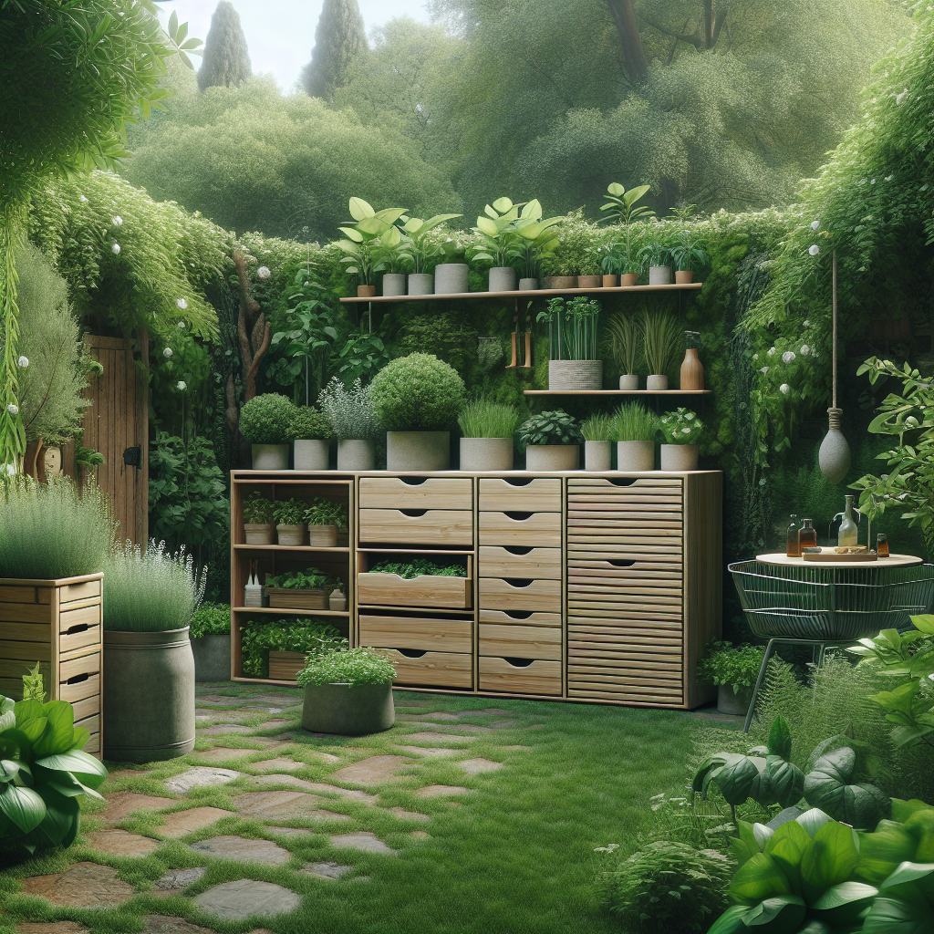 Ein grüner Garten mit Pflanzen auf Regalen, Holzmöbeln und einem Tisch mit Flaschen.