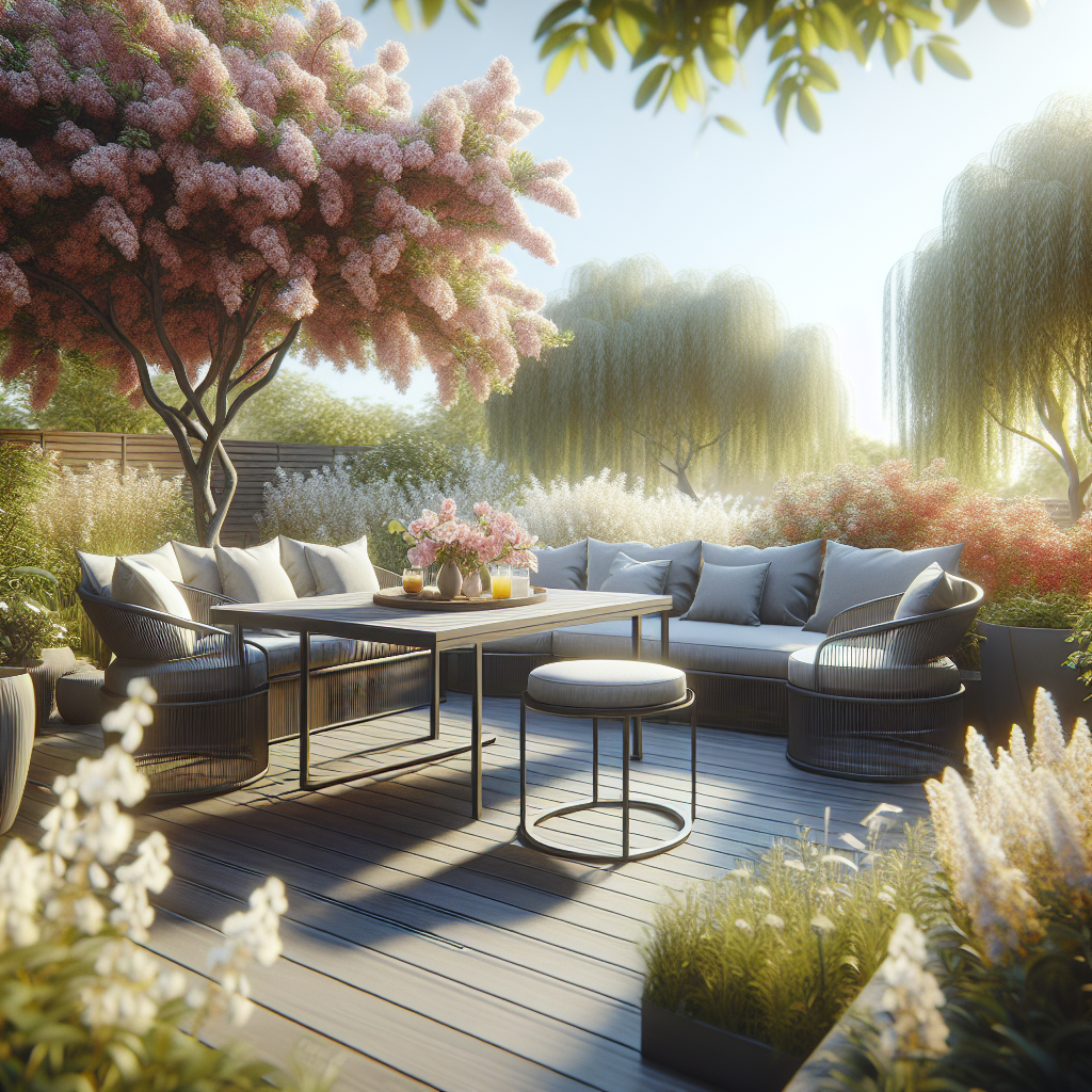 Ein sonniger Garten mit modernem Sitzbereich, Holztisch und blühenden Bäumen und Sträuchern im Hintergrund.